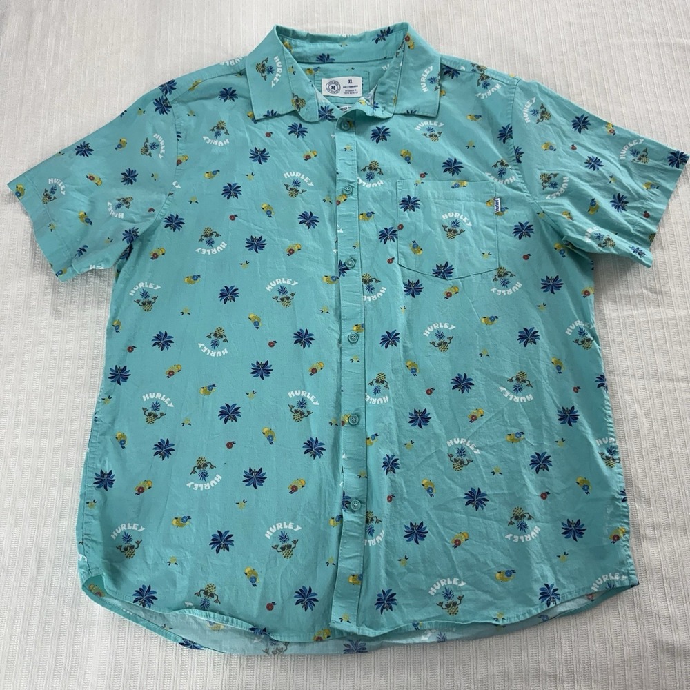 Hurley Men XL Teal Tropical Hawaiian Button Up Stretch Fit Logo Print Surf Beach